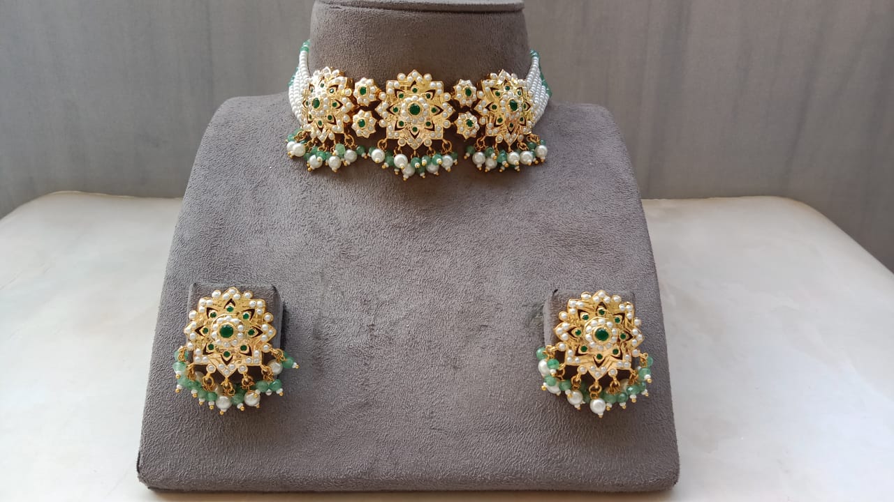 Kundan Choker Set – Mint & Ruby Colour Options with Beads and Stones