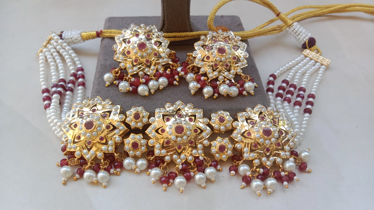 Kundan Choker Set – Mint & Ruby Colour Options with Beads and Stones