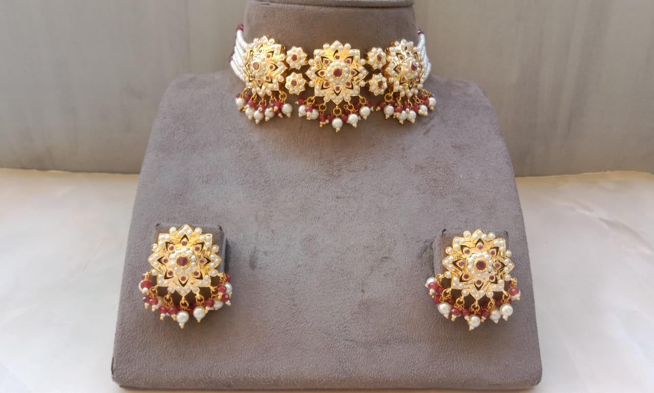 Kundan Choker Set – Mint & Ruby Colour Options with Beads and Stones