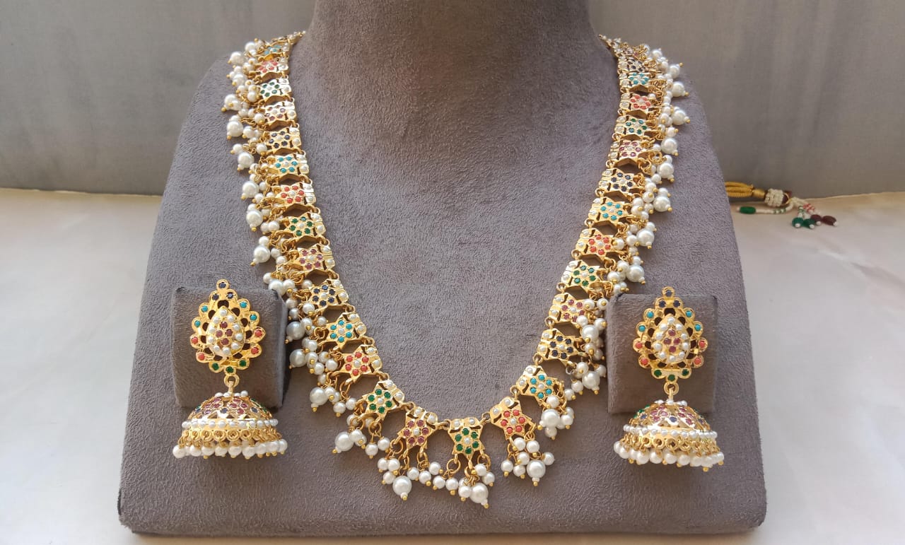 Golden Multicolor Stone Necklace Set with Pearl Drops