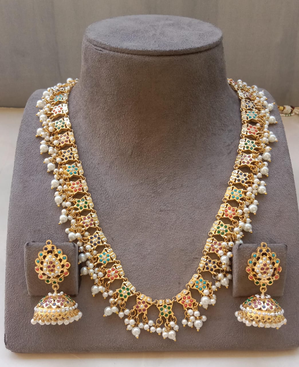 Golden Multicolor Stone Necklace Set with Pearl Drops