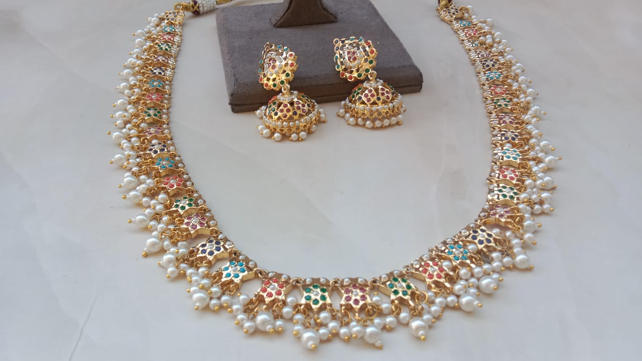 Golden Multicolor Stone Necklace Set with Pearl Drops