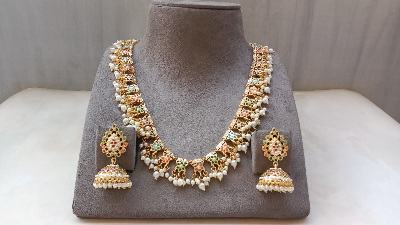 Golden Multicolor Stone Necklace Set with Pearl Drops