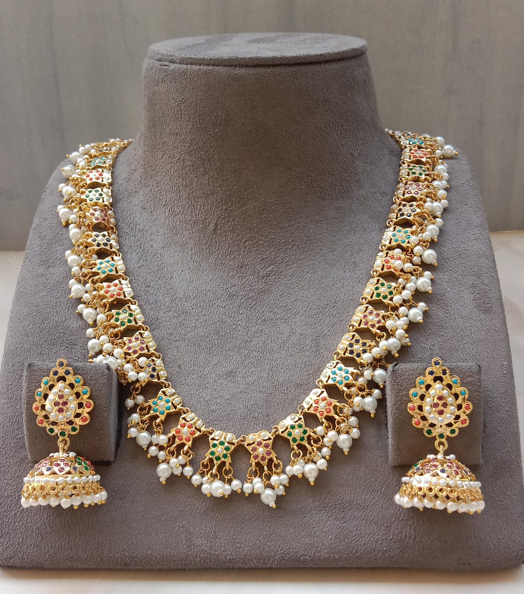 Golden Multicolor Stone Necklace Set with Pearl Drops