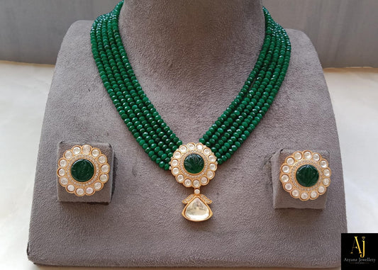 Emerald Carved Stone Beaded Mala Set with Kundan Pendant & Studs