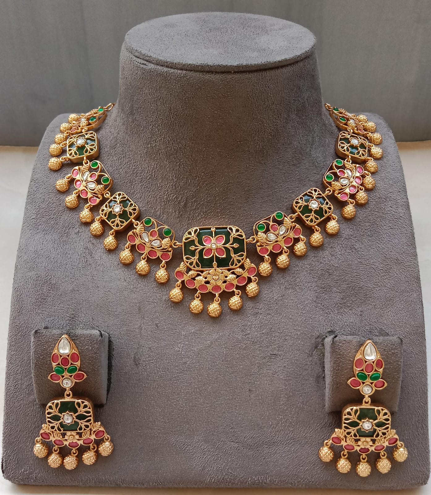 Antique Lakshmi-Style Multi-Colour Choker Set with Matte Gold Finish