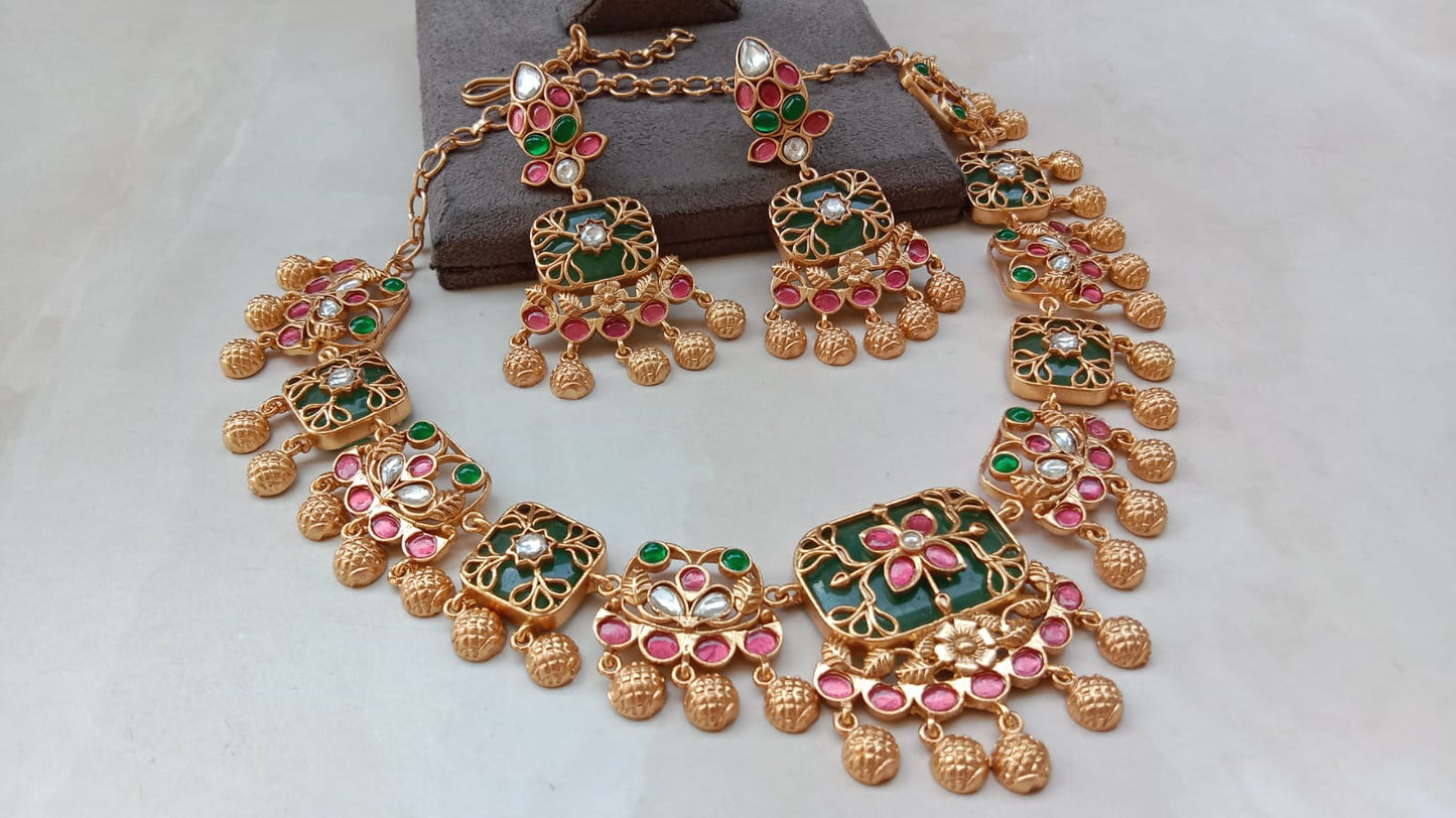 Antique Lakshmi-Style Multi-Colour Choker Set with Matte Gold Finish