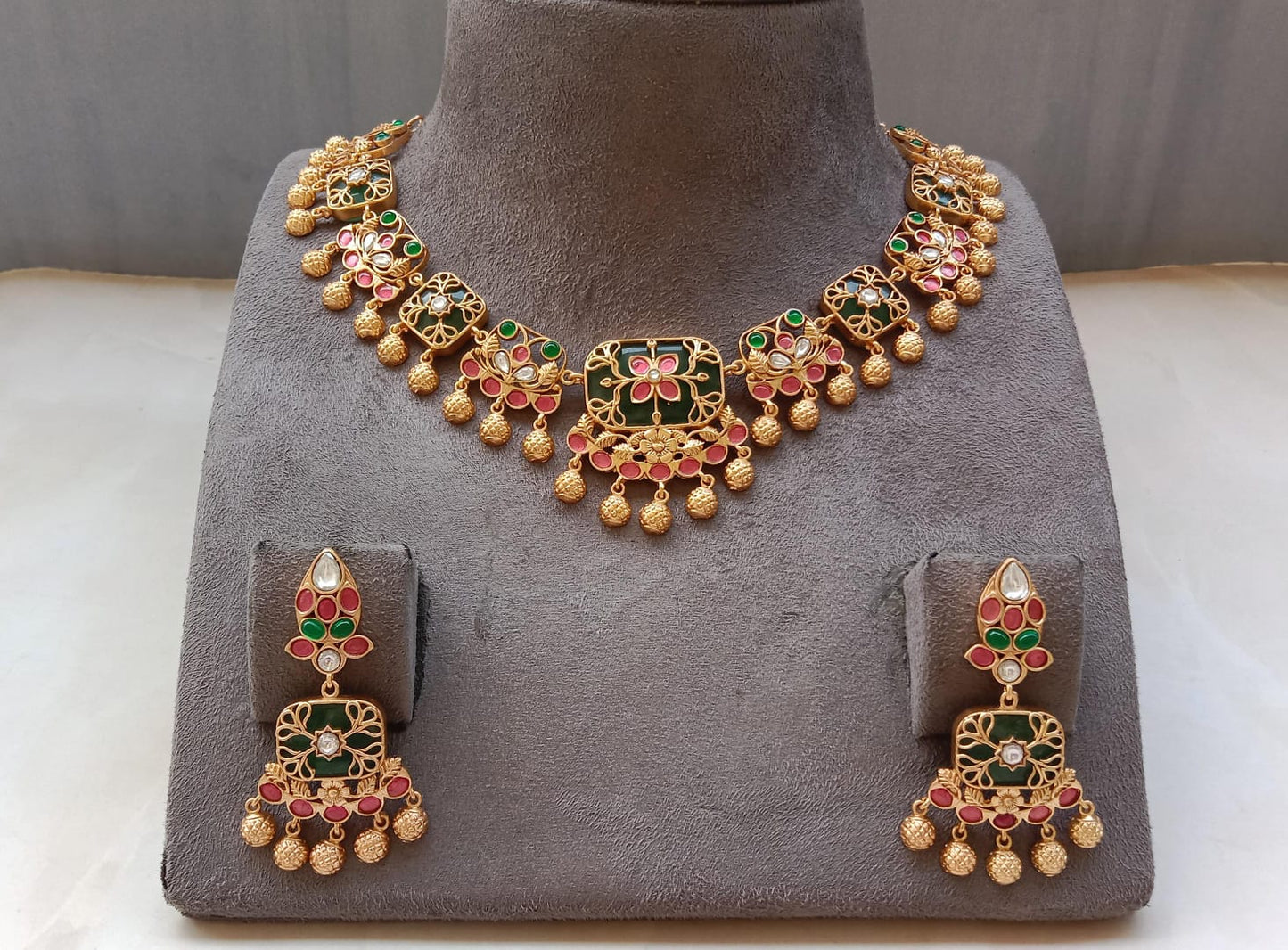 Antique Lakshmi-Style Multi-Colour Choker Set with Matte Gold Finish