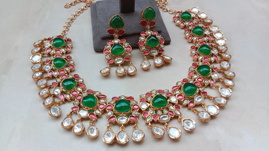 Classic Polki Necklace Set with Premium Semi Precious Stone Finish