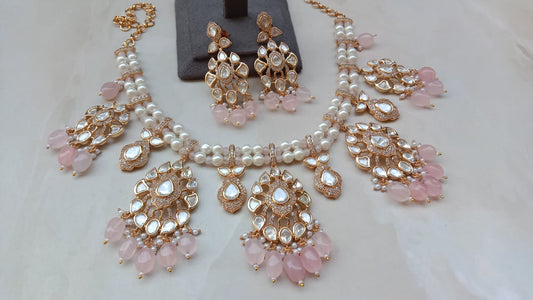 Polki Diamond Set with Pink Drop Pearls