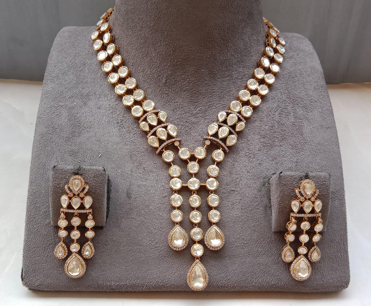 Bridal Polki Droplet Necklace Set – Gold Plated