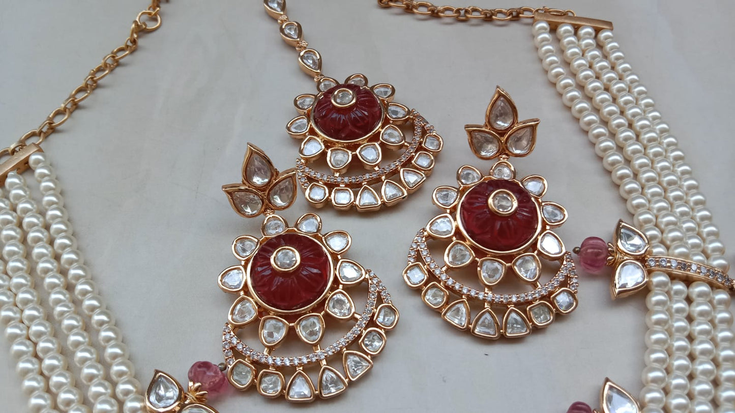 Gold plated Ruby Pearl Floral Set