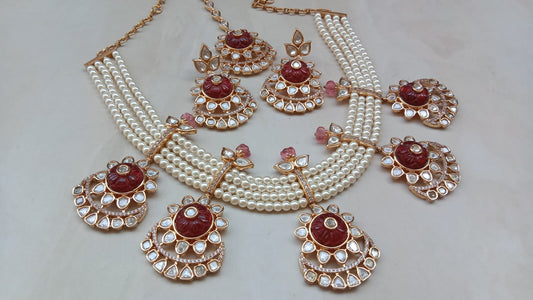 Gold plated Ruby Pearl Floral Set