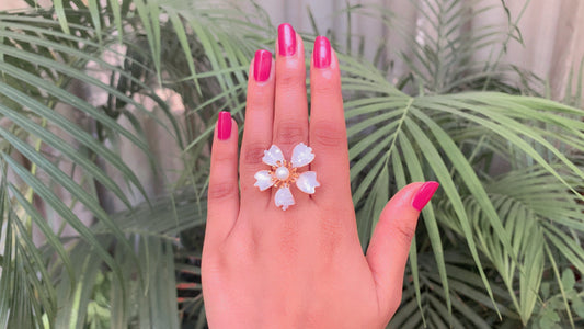 Golden White Pearl Floral Ring
