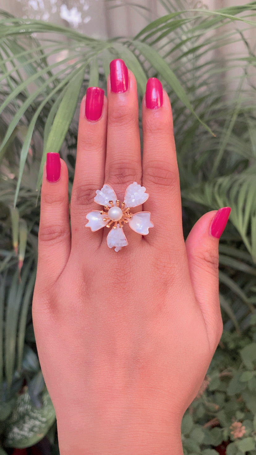 Golden White Pearl Floral Ring