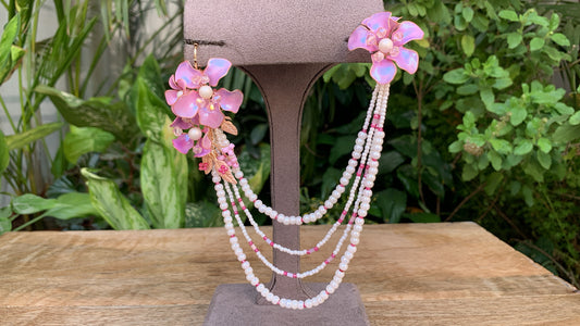 Purple Floral Earrings with Pearl Layer