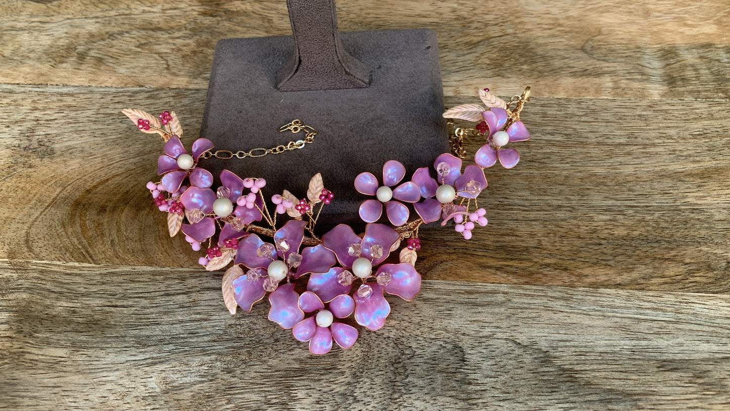 Purple Floral Jewellery Necklace with Leaf and Flower Design