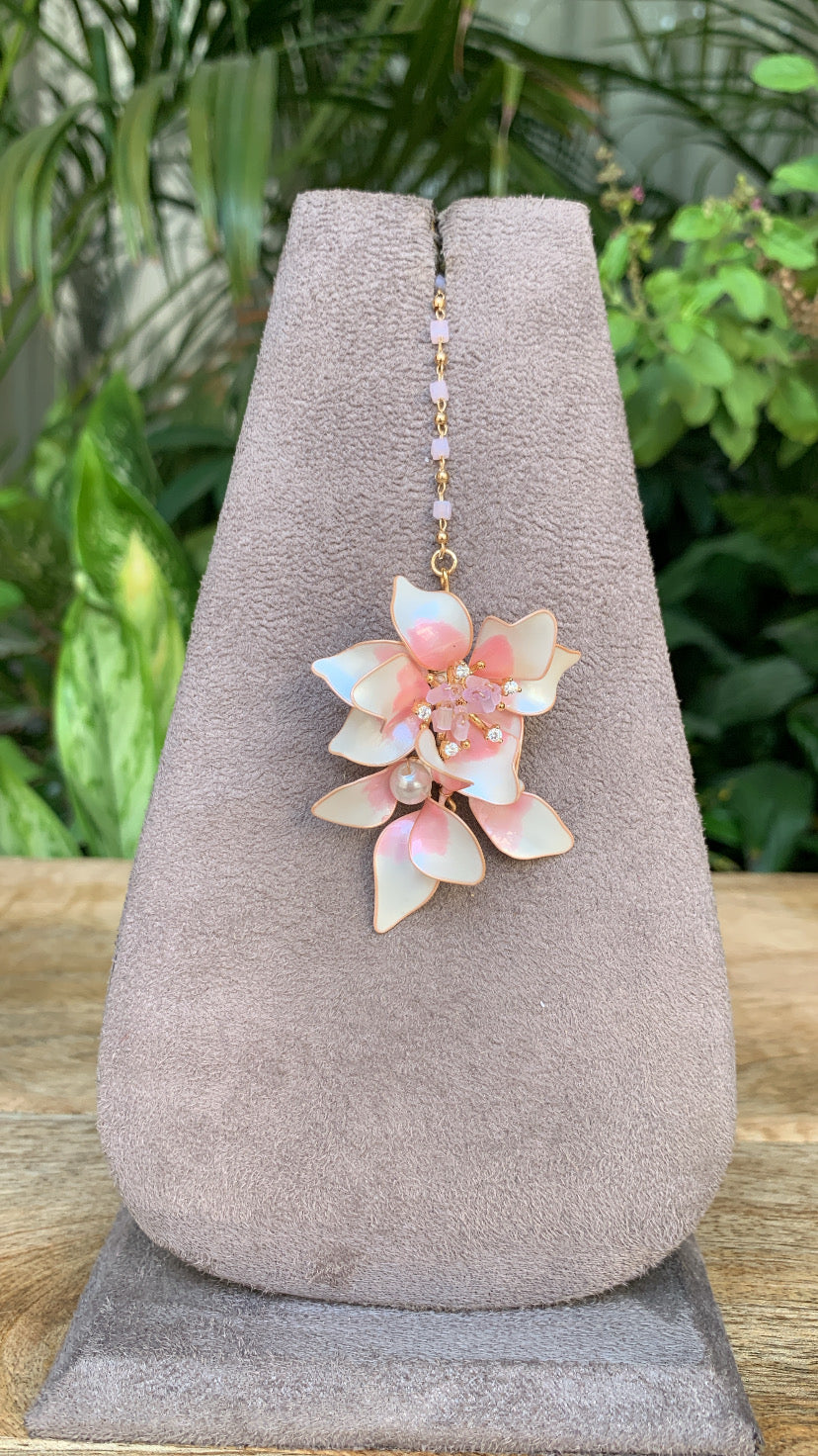 Floral  Tikka in Pink & White with Pearl