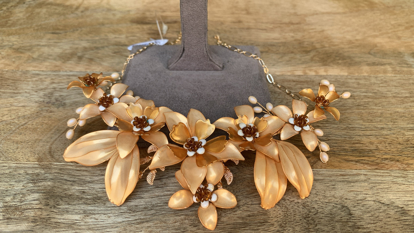 Floral Necklace with Golden Finish, Flower & Leaf Design