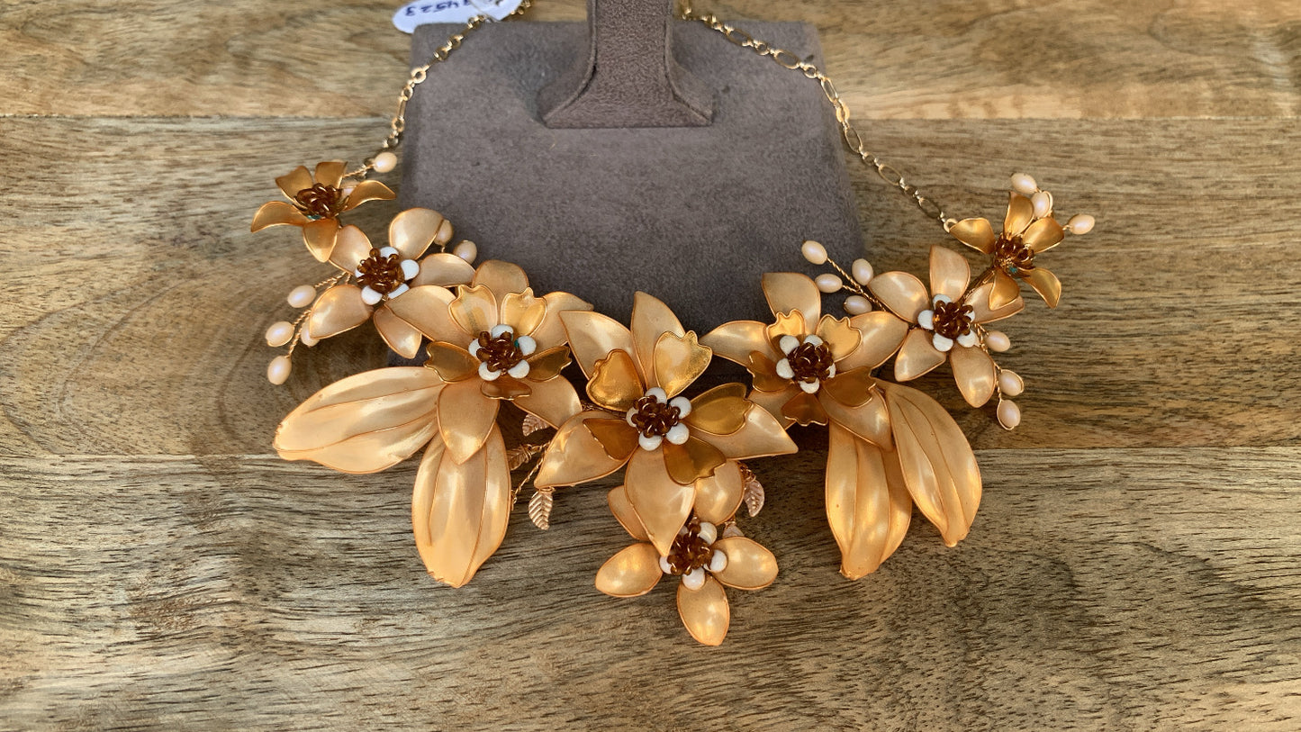 Floral Necklace with Golden Finish, Flower & Leaf Design