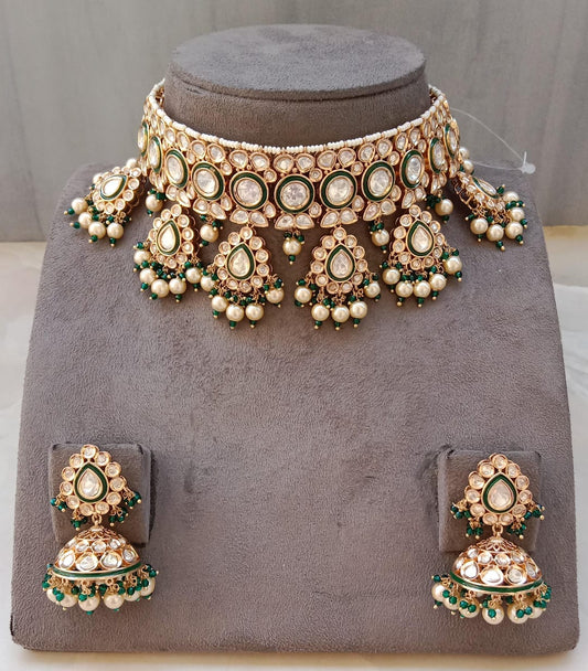 Regal Kundan Choker Set with Pearl & Green Bead Drops