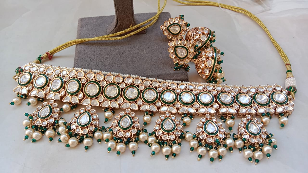 Regal Kundan Choker Set with Pearl & Green Bead Drops
