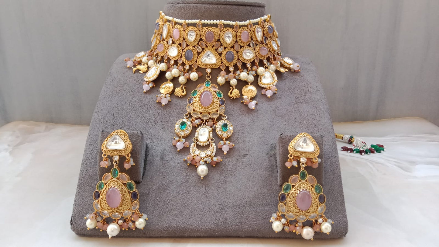 Royal Kundan Polki Choker Set with Pink, Green & Pearl Detailing