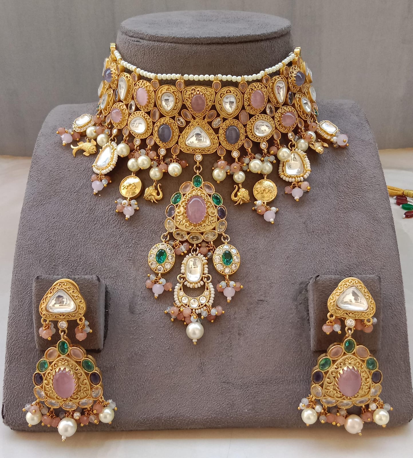 Royal Kundan Polki Choker Set with Pink, Green & Pearl Detailing