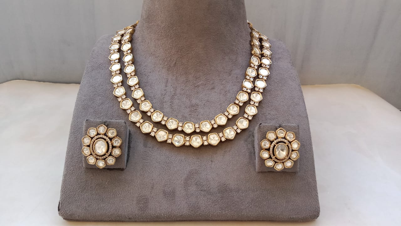 Classic Double-Line Polki Kundan Necklace Set – Gold Plated