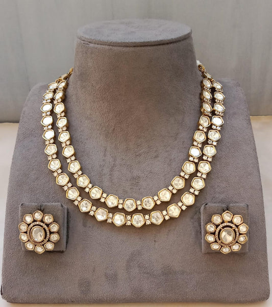 Classic Double-Line Polki Kundan Necklace Set – Gold Plated