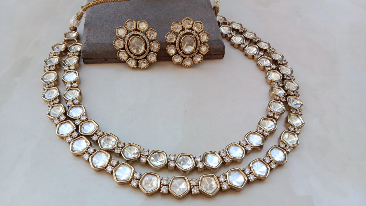 Classic Double-Line Polki Kundan Necklace Set – Gold Plated