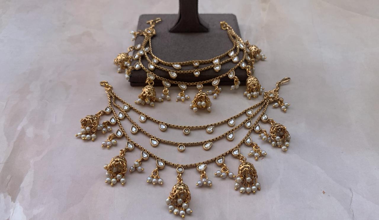Layered Ear Chain with Jhumki & Drop Stone Kundan Work