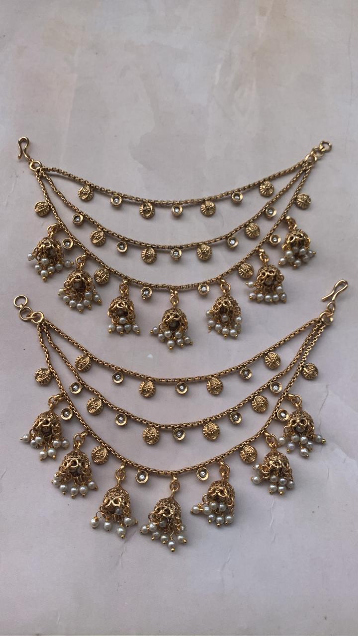 Traditional Multi-Layer Jhumka Ear Chain – Pearl & Antique Gold Finish