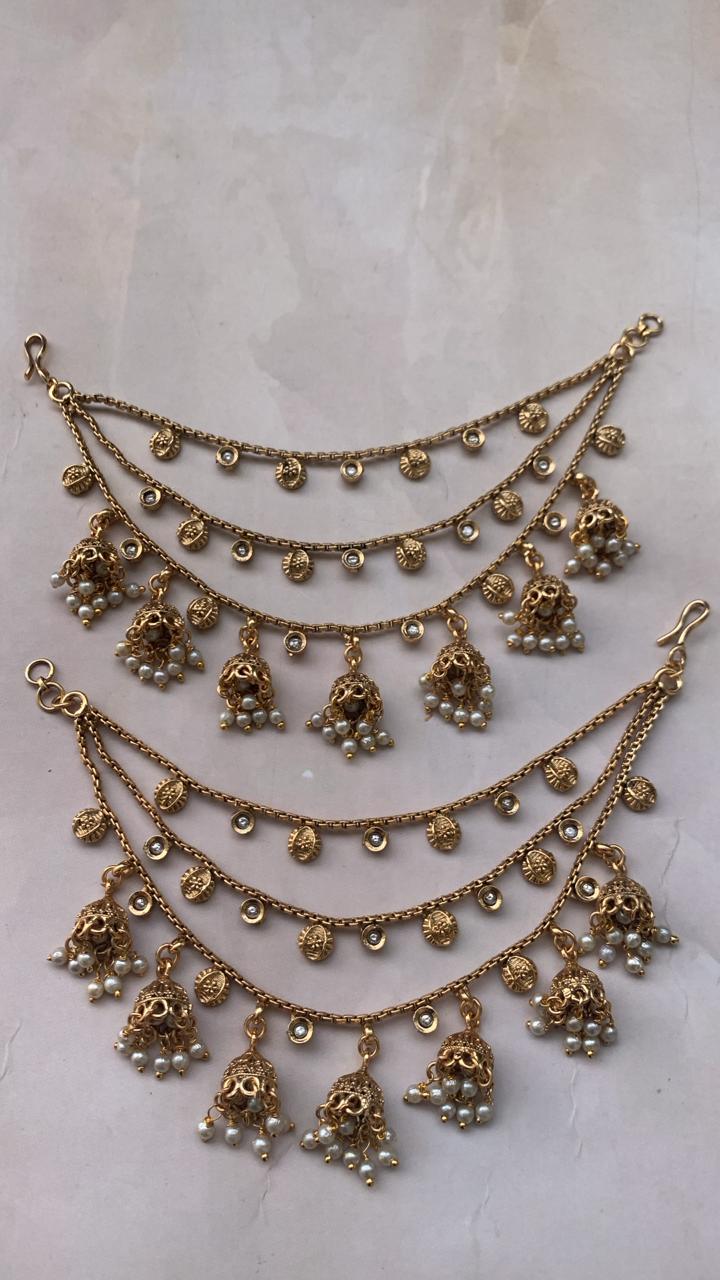 Traditional Multi-Layer Jhumka Ear Chain – Pearl & Antique Gold Finish
