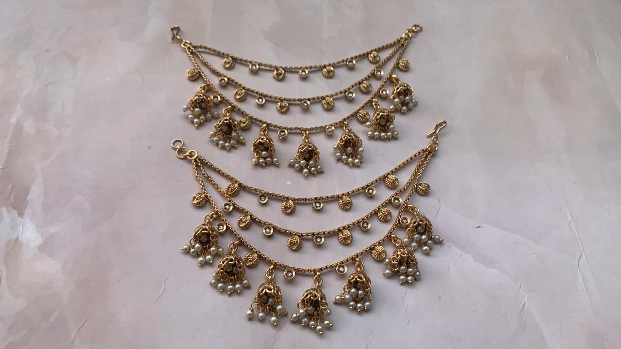 Traditional Multi-Layer Jhumka Ear Chain – Pearl & Antique Gold Finish