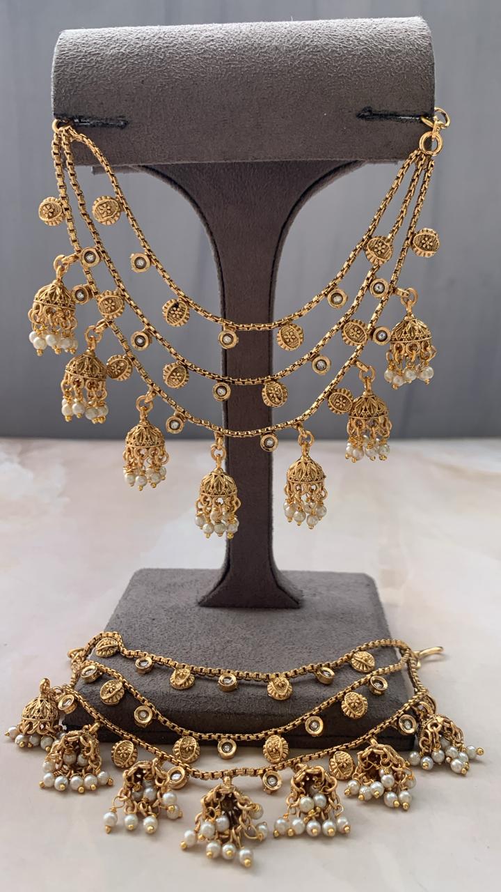 Traditional Multi-Layer Jhumka Ear Chain – Pearl & Antique Gold Finish