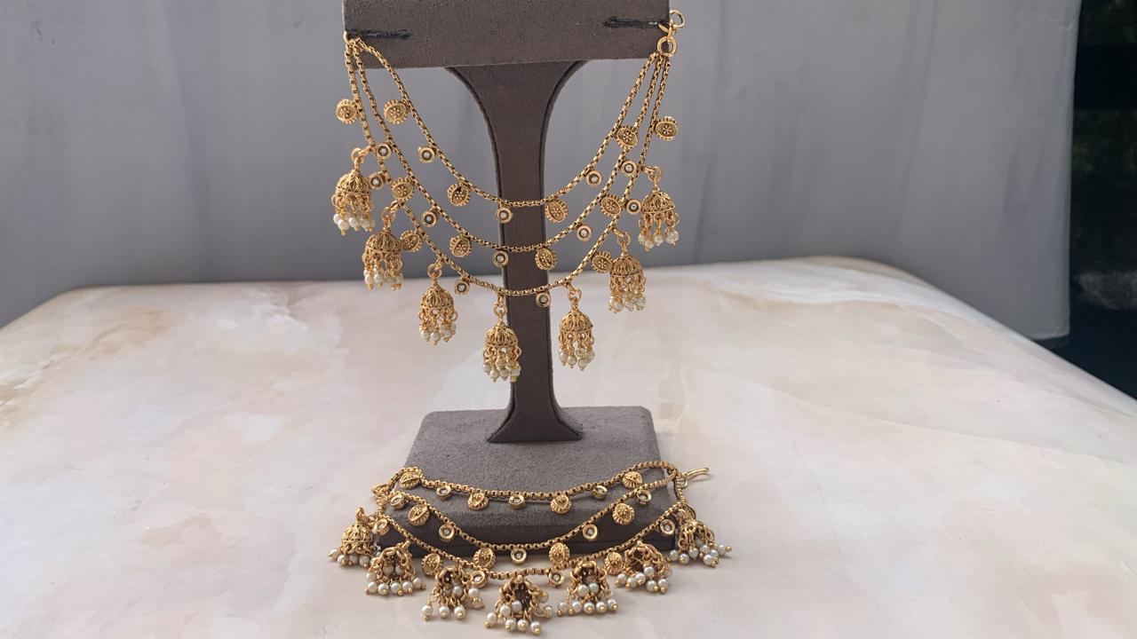 Traditional Multi-Layer Jhumka Ear Chain – Pearl & Antique Gold Finish