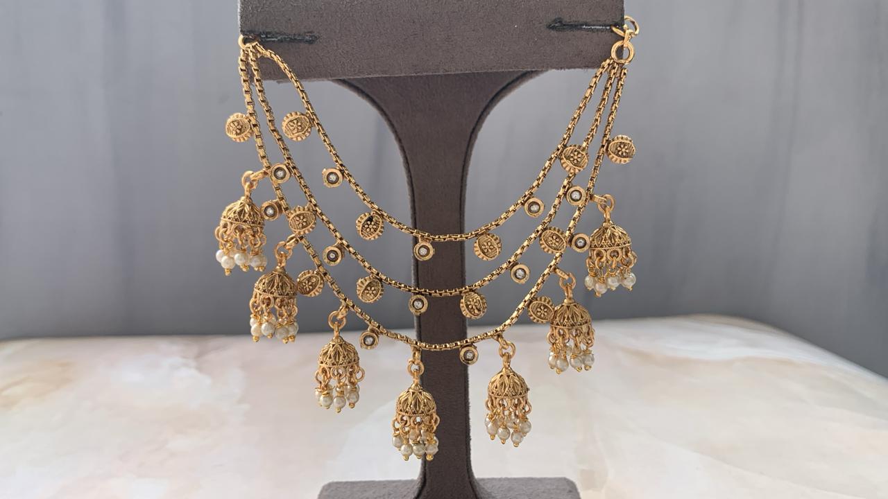 Traditional Multi-Layer Jhumka Ear Chain – Pearl & Antique Gold Finish