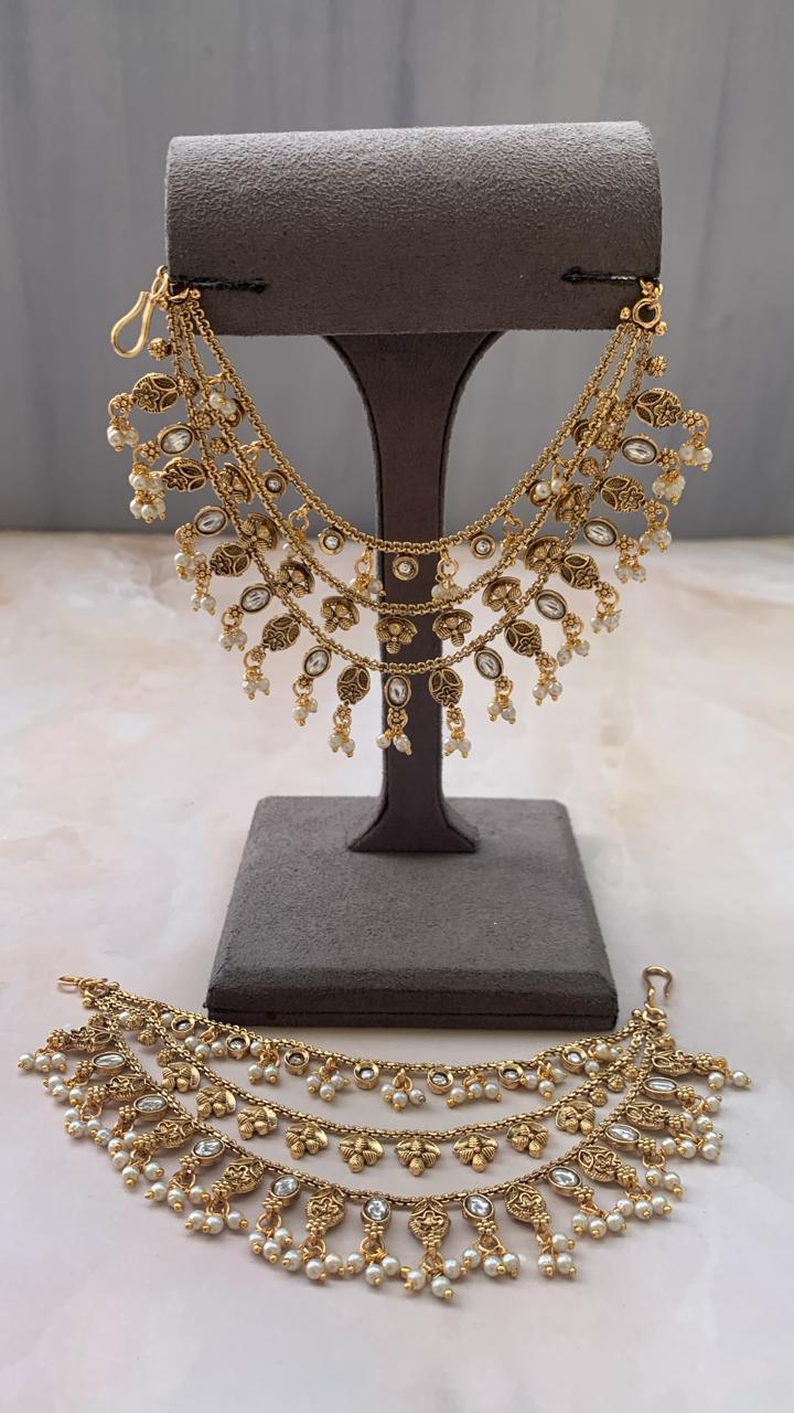 Oxidised Gold-Tone Floral Earchains | Layered with Kundan & Leaf Charms
