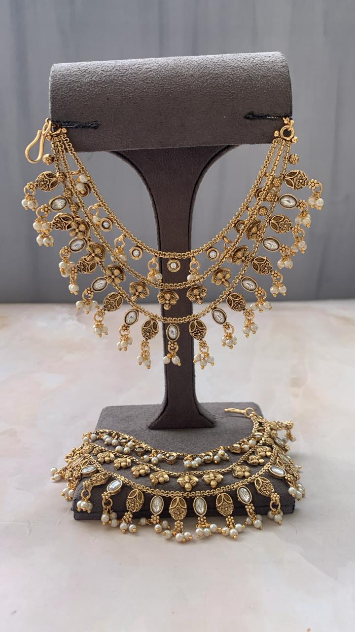 Oxidised Gold-Tone Floral Earchains | Layered with Kundan & Leaf Charms