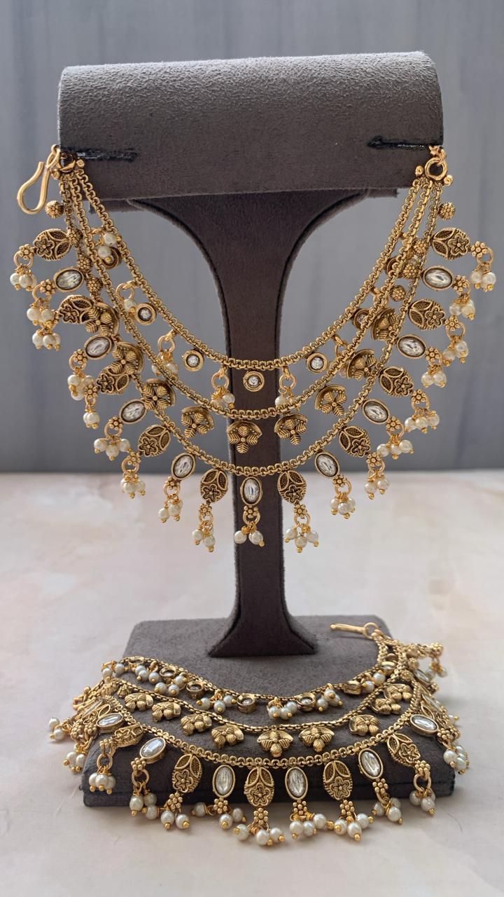 Oxidised Gold-Tone Floral Earchains | Layered with Kundan & Leaf Charms