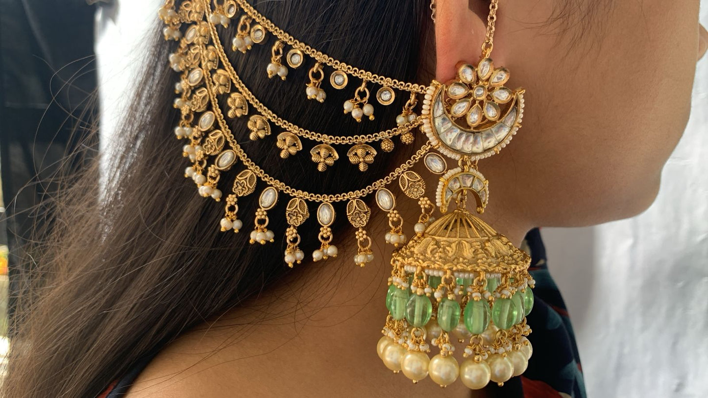 Oxidised Gold-Tone Floral Earchains | Layered with Kundan & Leaf Charms