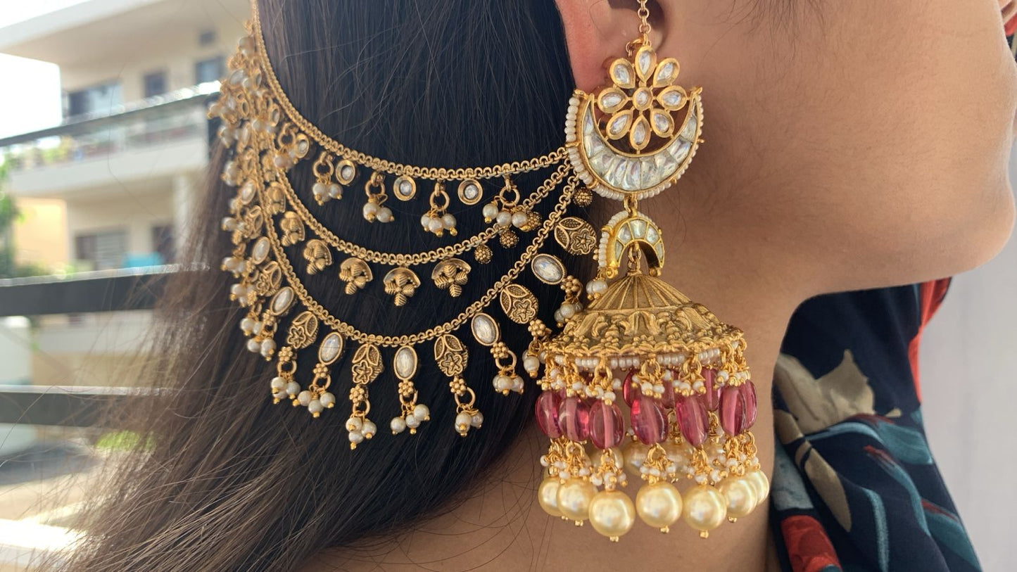 Oxidised Gold-Tone Floral Earchains | Layered with Kundan & Leaf Charms