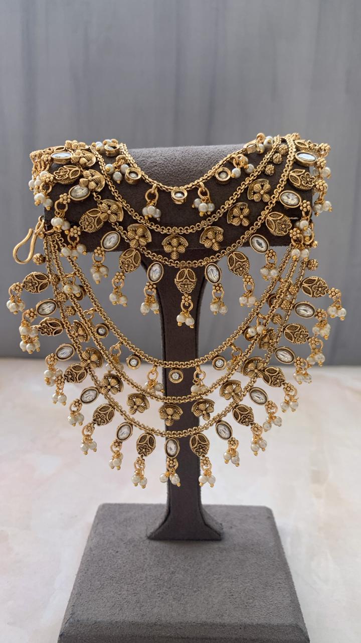Oxidised Gold-Tone Floral Earchains | Layered with Kundan & Leaf Charms