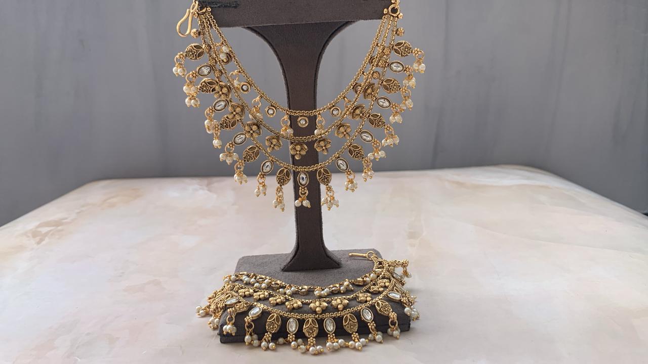 Oxidised Gold-Tone Floral Earchains | Layered with Kundan & Leaf Charms