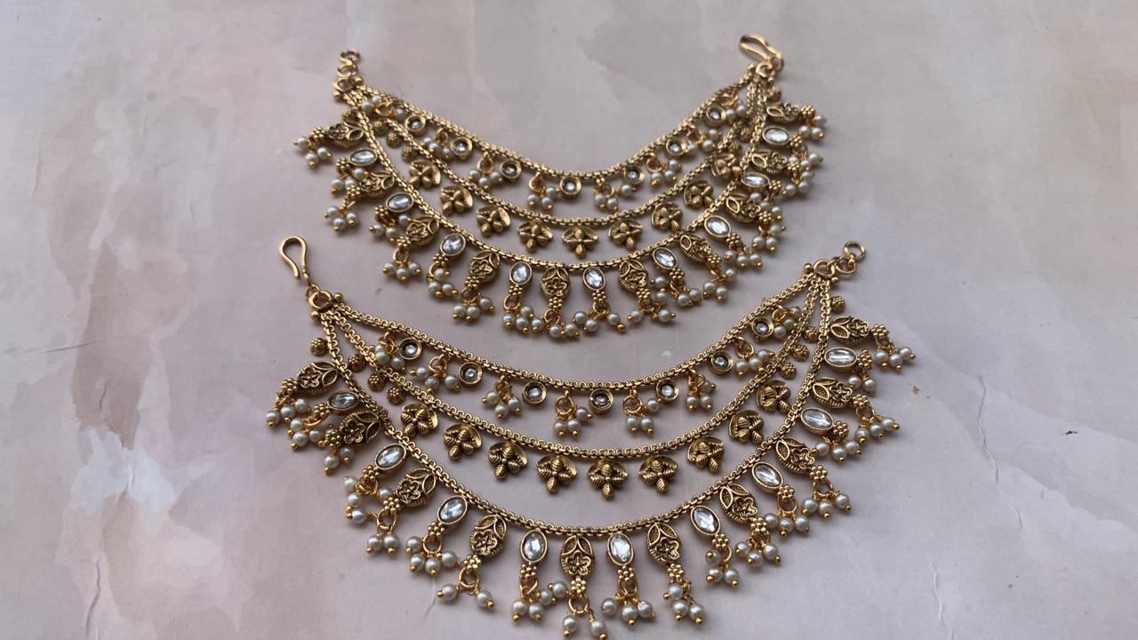 Oxidised Gold-Tone Floral Earchains | Layered with Kundan & Leaf Charms