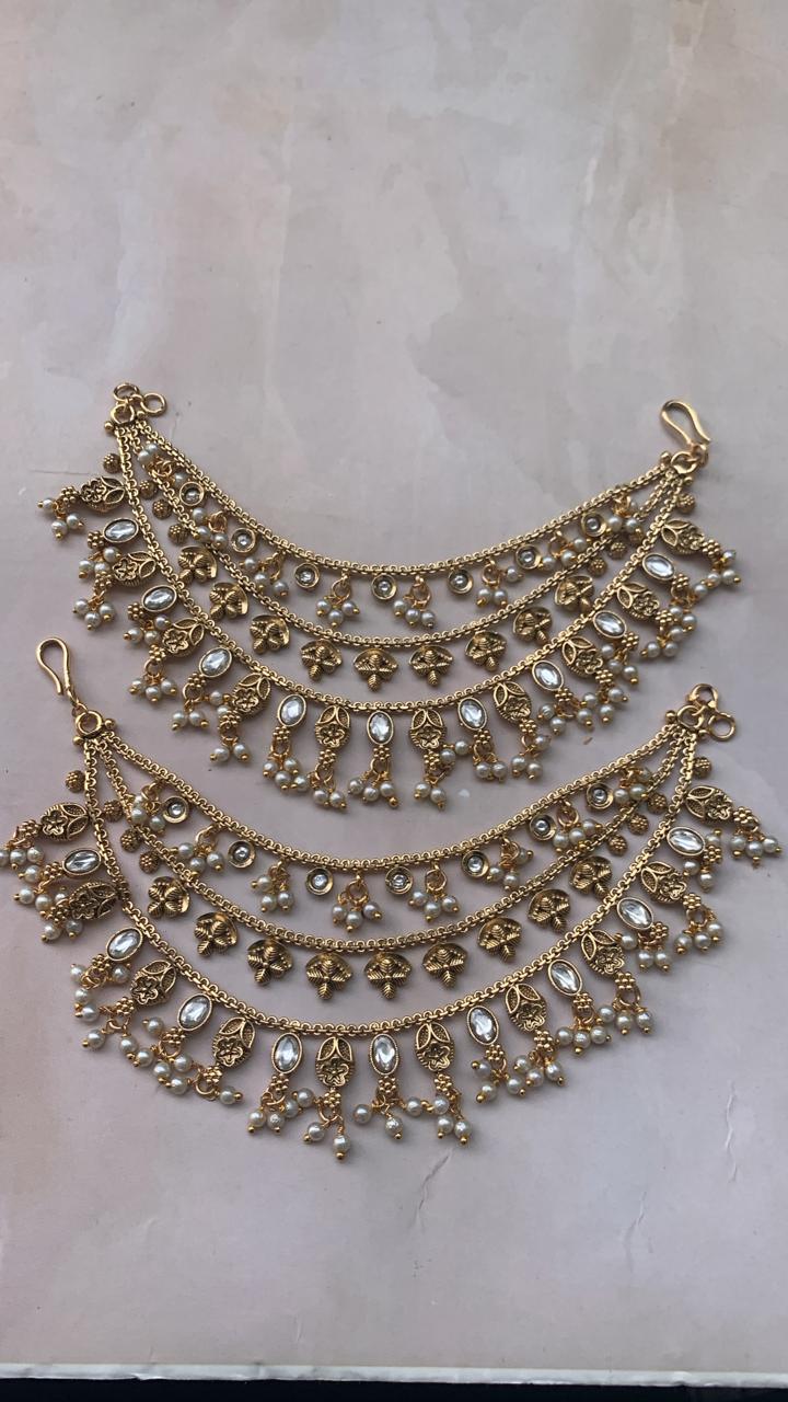 Oxidised Gold-Tone Floral Earchains | Layered with Kundan & Leaf Charms