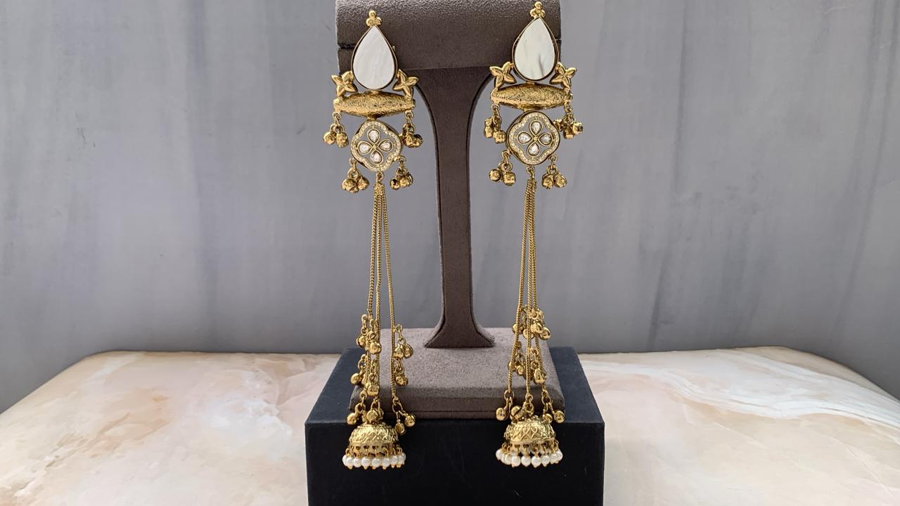 Elegant Multi-Color Kundan Long Jhumka Earrings | Pearl Drop Tassel Earrings (Pink, Green & White)