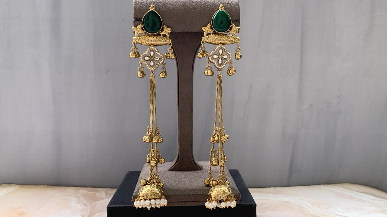 Elegant Multi-Color Kundan Long Jhumka Earrings | Pearl Drop Tassel Earrings (Pink, Green & White)
