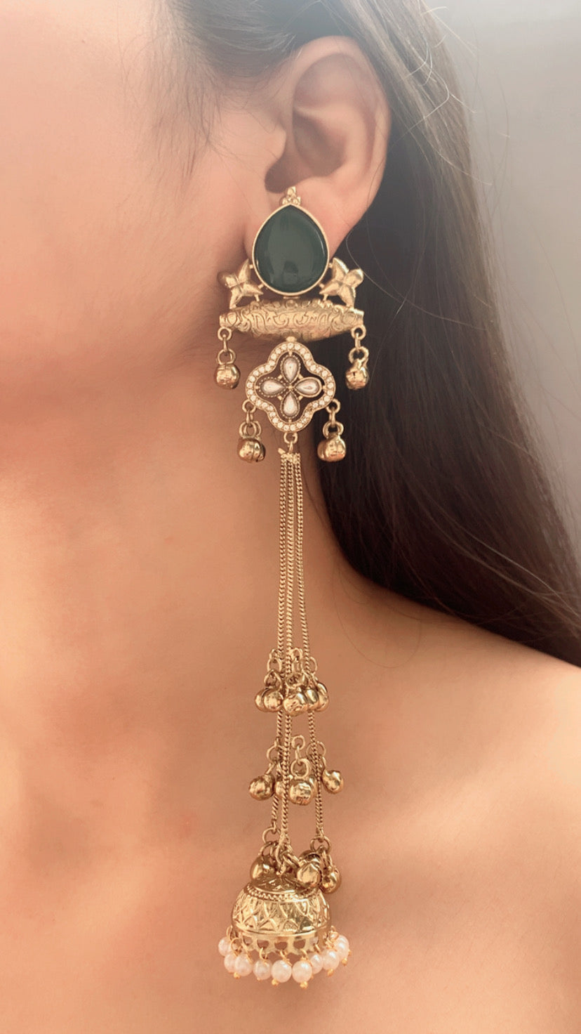Elegant Multi-Color Kundan Long Jhumka Earrings | Pearl Drop Tassel Earrings (Pink, Green & White)